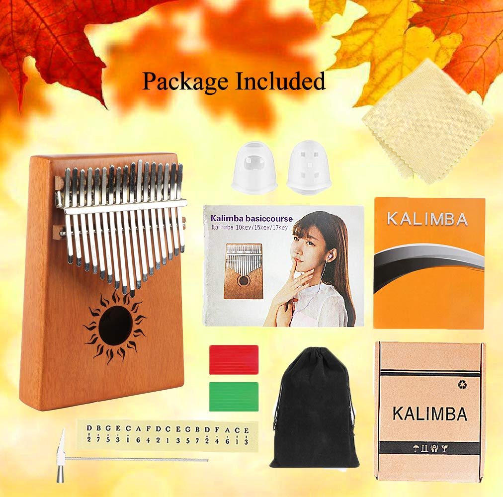 Kalimba 17 Keys Thumb Piano with Solid Mahogany Wood Portable Africa Mbira Finger Piano Gifts for Kids and piano Beginners Professionals Including Study Instruction, Tune Hammer and Carrying Bag