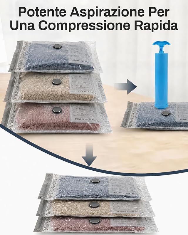 Sacchetti Sottovuoto Vestiti con Pompa Manuale, 4 Buste Sottovuoto Vestito (4 * 50x40cm), Sacchi Sottovuoto Vestito per Viaggi, Traslochi e Stoccaggio