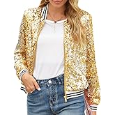 Hoibmasp Women Sequin Jacket Long Sleeve Front Zipper Ribbed Blazer Bomber Jacket