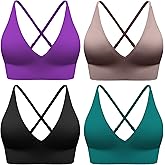 Evercute Women's Sports Bras 3/4 Pack Adjustable Deep V Neck Bras Wireless Spaghetti Strap Criss Cross Padded Low Support Bra