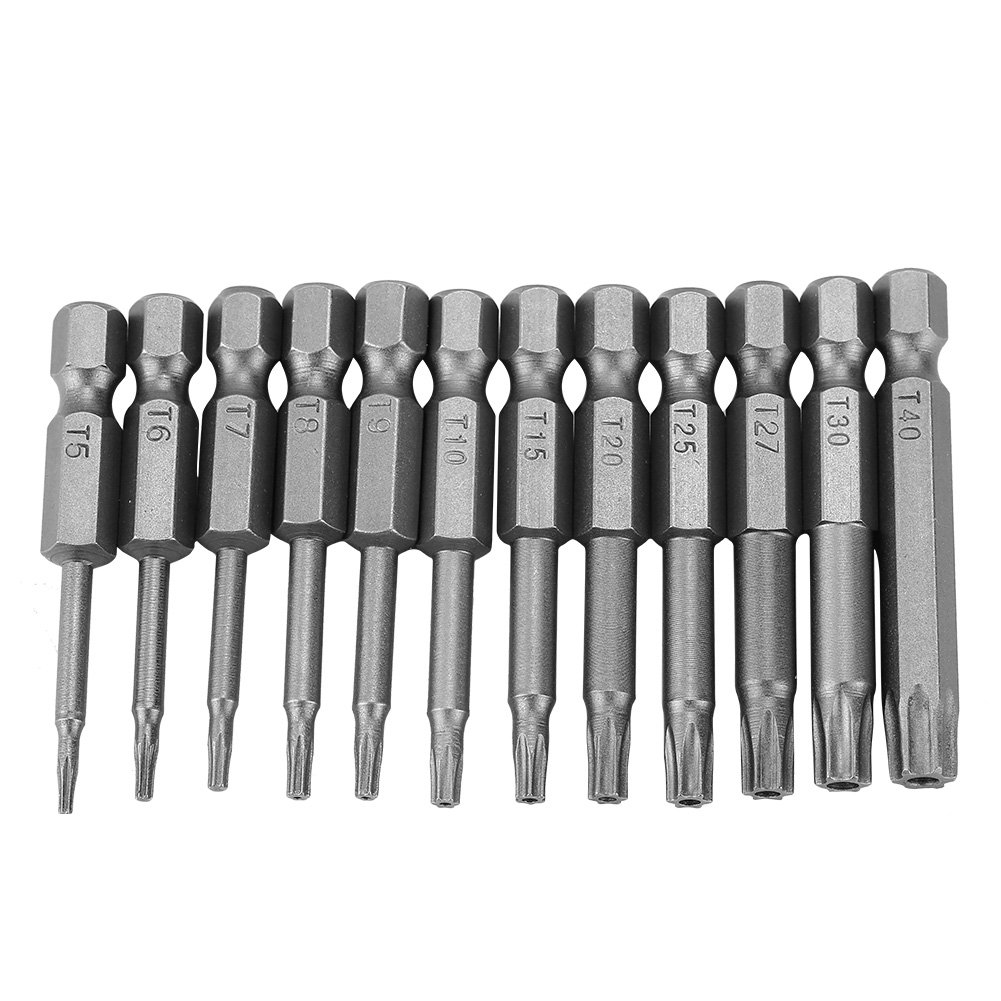 12pcs 1/4 Inch Hex Shank T5-T40 Head Screw Driver Bit Set Security Tamper Proof Star 6 Point Screwdriver Kit Tools