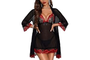 RSLOVE Women Sexy Lingerie Set 3 Piece Babydoll with Lace Kimono Robe Strap Chemise Sleepwear Mesh Nightgown