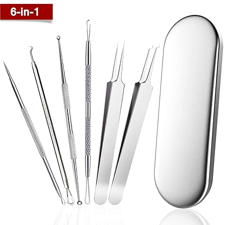 Mitesserentferner Set, Canwn 6-Teiliges Komedonenquetscher Set aus rostfreiem Edelstahl Akne Pinzette und Mitesser Entferner 