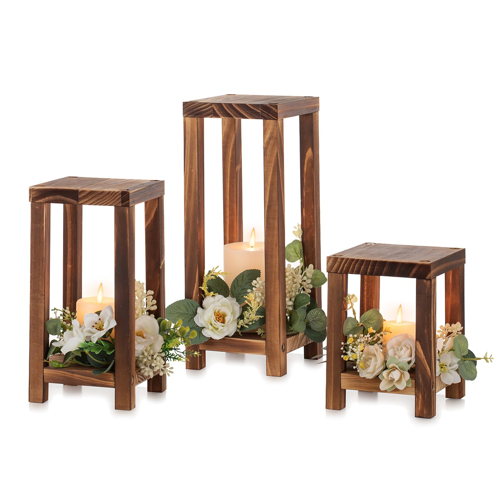 NUPTIO Wooden Candle Lanterns Rustic: 3 Pcs Pillar Candles Wood Candle Holders Indoor for Living Room, Decorative Candle Lanterns Farmhouse Wedding Fireplace Christmas Decor, 32.5cm&25.7cm&17.7cm