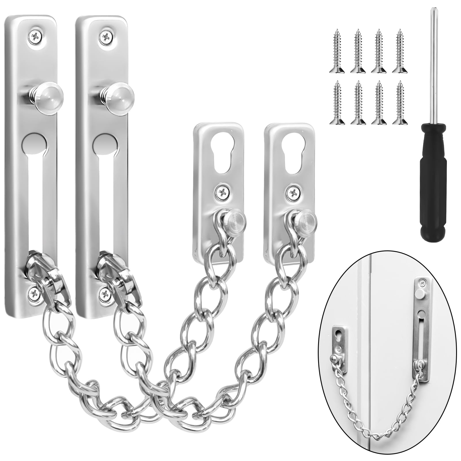 Bohoray 2 Pcs Stainless Steel Internal Door Chain, Security Door Chains for Front Door, Anti Theft Door Chain Lock with Screwdriver for Hotel, Home, Front Door, Apartment, Bedroom (Silver)