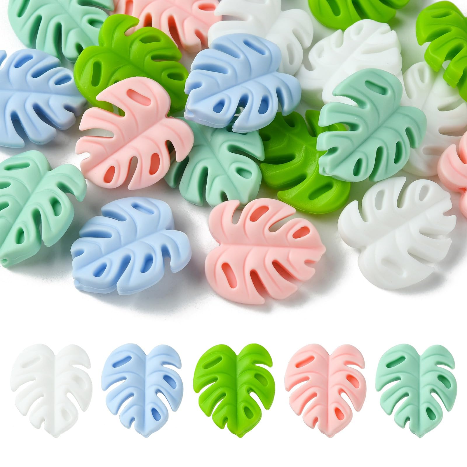 UR URLIFEHALL 20 Pcs 5 Colours Silicone Beads Leaf Silicone Focal Beads Monstera Leaf Beads Loose Spacer Beads for Pens Jewellery Making