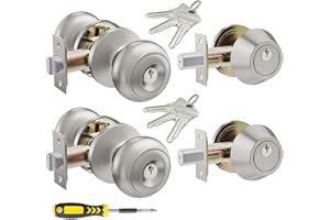 LANWANDENG 2 Set All Keyed Same Entry Door Knobs and Single Cylinder Deadbolt Combo Set for Entrance and Front Door, Keyed Alike Exterior Door Lock Set with Keys, Satin Nickel Deadbolt Lock and Door Knob Set