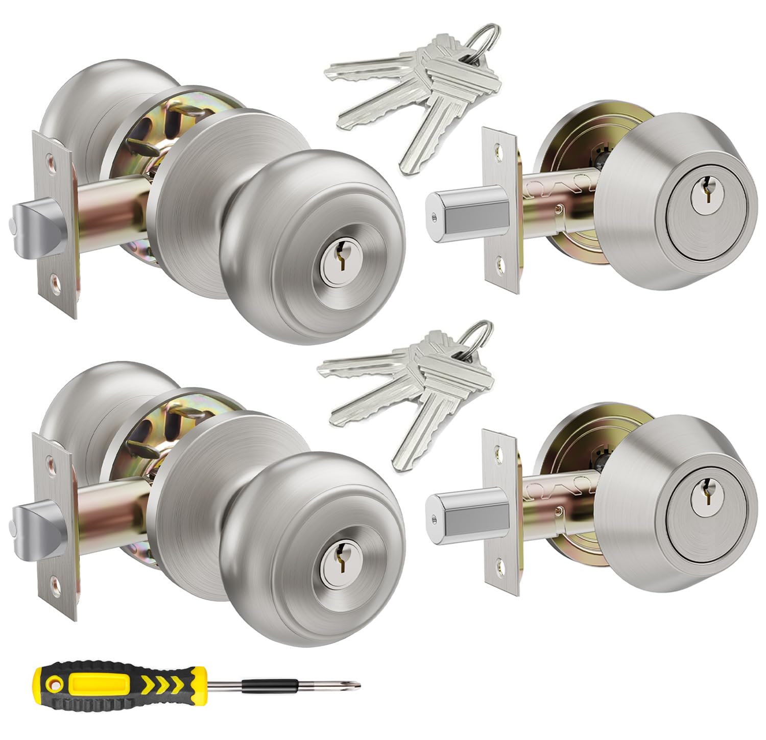 Photo 1 of 2 Set All Keyed Same Entry Door Knobs and Single Cylinder Deadbolt Combo Set for Entrance and Front Door, Keyed Alike Exterior Door Lock Set with Keys, Satin Nickel Deadbolt Lock and Door Knob Set