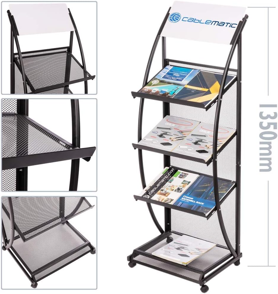 PrimeMatik Magazines and brochures stand with wheels and 4 shelves
