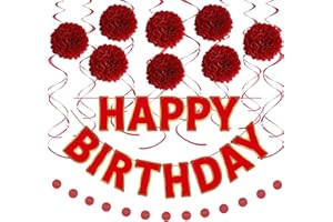 LITAUS, Red Birthday Decorations | Red Happy Birthday Banner, Tissue Paper, Swirls, Garland | Birthday Decorations for Women, Men | Happy Birthday Decorations | Red Birthday Party Decorations