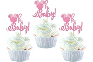YCTHUNFISH 24 Pack Mini Mouse Inspired Cupcake Toppers Glitter Oh Baby Mouse Cupcake Food Picks Baby Shower Cake Decorations for Minnie Theme Gender Reveal Kids Birthday Party Supplies Pink