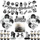 Gym Birthday Decorations, Gym Party Supplies Includes Happy Birthday Banner, Balloons, Cupcake Toppers, Cake Topper, Honeycomb Centerpieces for Fitness Weight Lifting Fitness Party