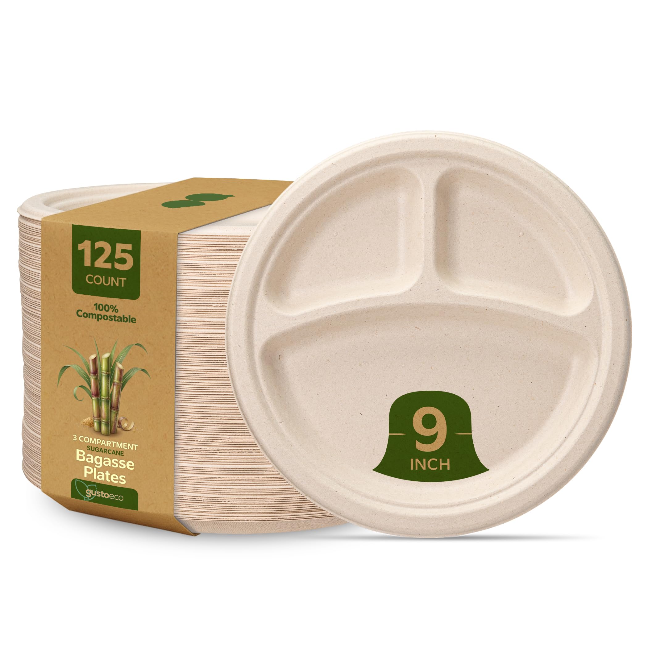 Comfy Package 100% Compostable 9 Inch - 3 Compartment Heavy-Duty Plates [125 Pack] Eco-Friendly Disposable Sugarcane Paper Plates - Brown Unbleached…