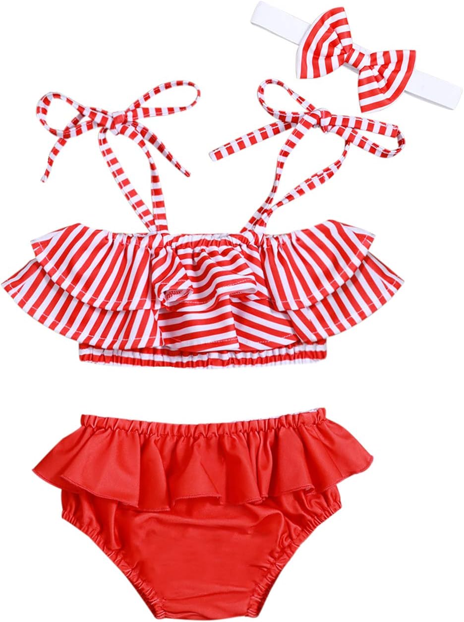 Baby Girl Swimsuit Ruffle Red Dot Top and Bikinis Skirt with Headband 2 Piece Swimwear