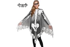 WISHTEN Halloween Skeleton Poncho for Women, Lace Skeleton Cape Shawl with Bat Mask, Halloween Costume for Women