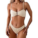 Fanuerg Women's Ribbed Bikini Sets U Wire Adjustable Spaghetti Straps Swimsuit Textured Ruched Two Piece Bathing Suit Beige L