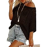 CFLHN Crochet Tops for Women Off The Shoulder Beach Coverup for Swimsuit Oversized Hollow Out Summer Tops