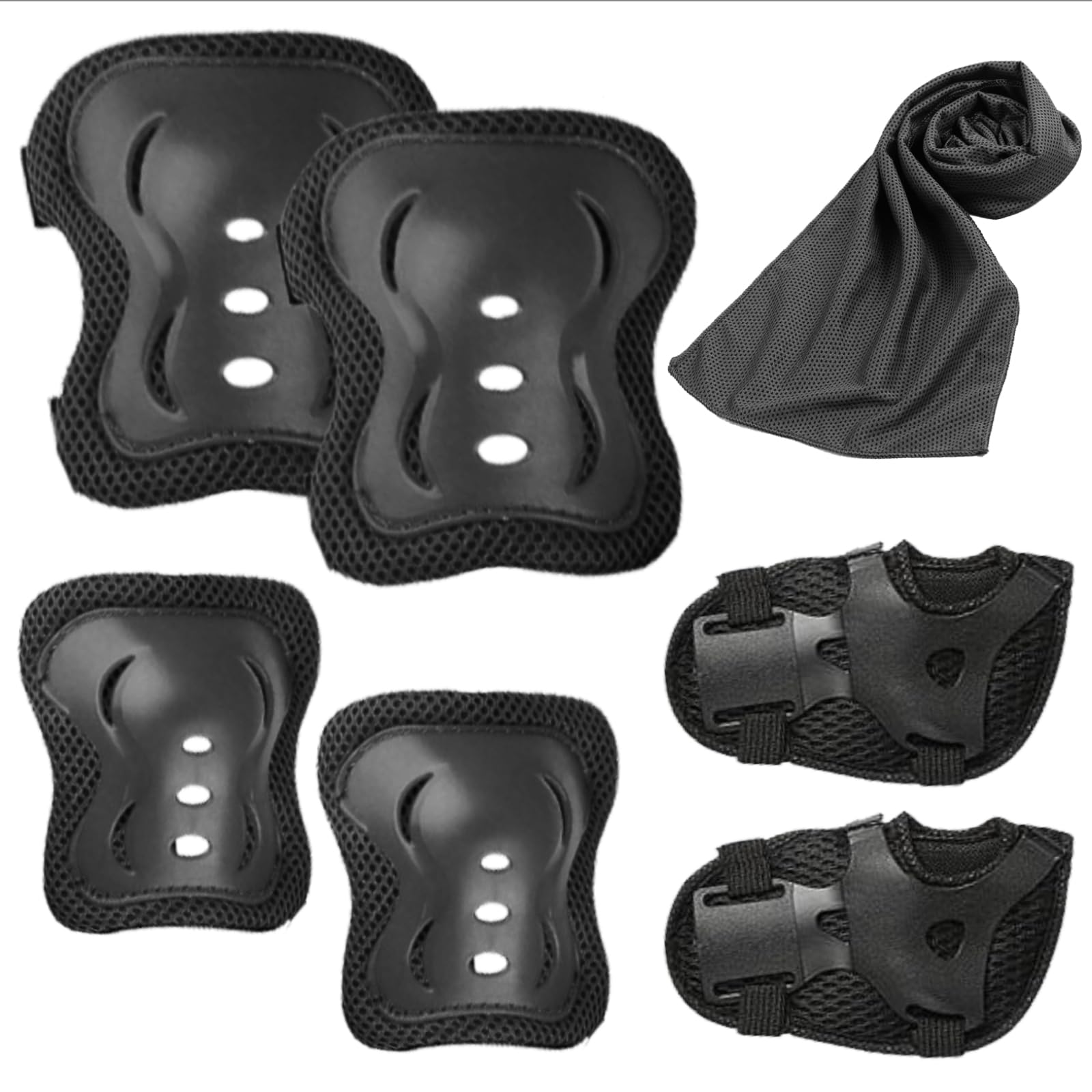 JSTHHTT Kids Sports Protective Gear Set,Kids Knee Pads Set,Knee Pads Elbow Pads Wrist Guards Set,Knee Elbow Pads with Adjustable Wrist Guards,for Skateboard Inline Roller Skating Biking Riding Black
