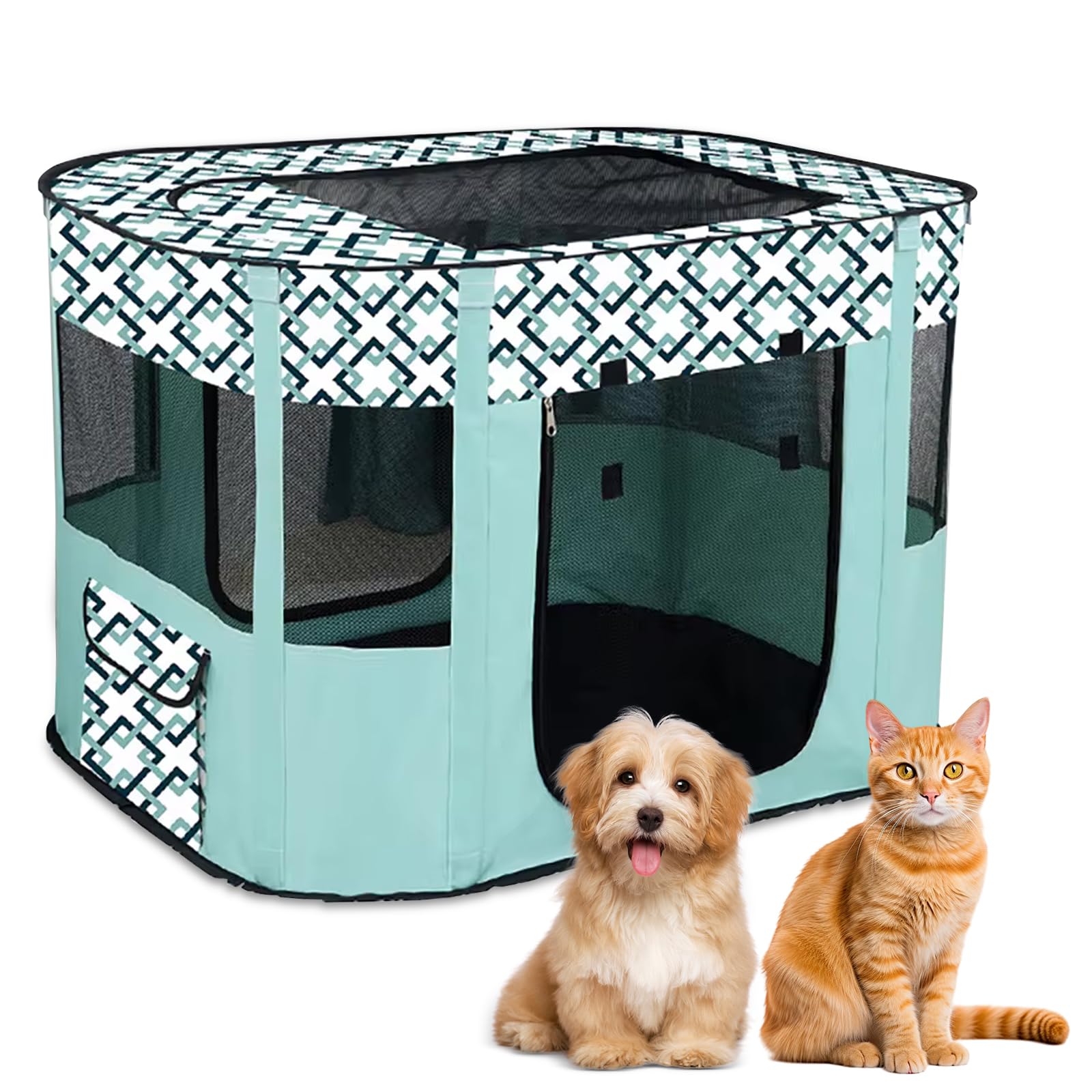 Puppy Playpen, Animal Playpen, Foldable Pet Fence, Puppy Run Rectangular Tent, Puppy Playpen for Indoors, Portable Small Animal Enclosure for Kittens, Puppies, Rabbits (Checked Green)