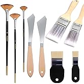 Fortunemee 9 Pieces Painting Knife Set, 1'' 2'' Flat Paddle Paint Brush, Background Blender Brush, Fan Paint Brush, Stainless Steel Palette Knife Landscape Brush for Oil Canvas Acrylic Painting