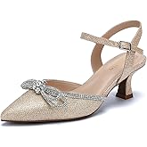 DOBOLIN Wide Width Kitten Heels for Women Rhinestone Bow Pointed Closed Toe Pumps Ankle Strap Wedding Bridal Party Dress Shoes