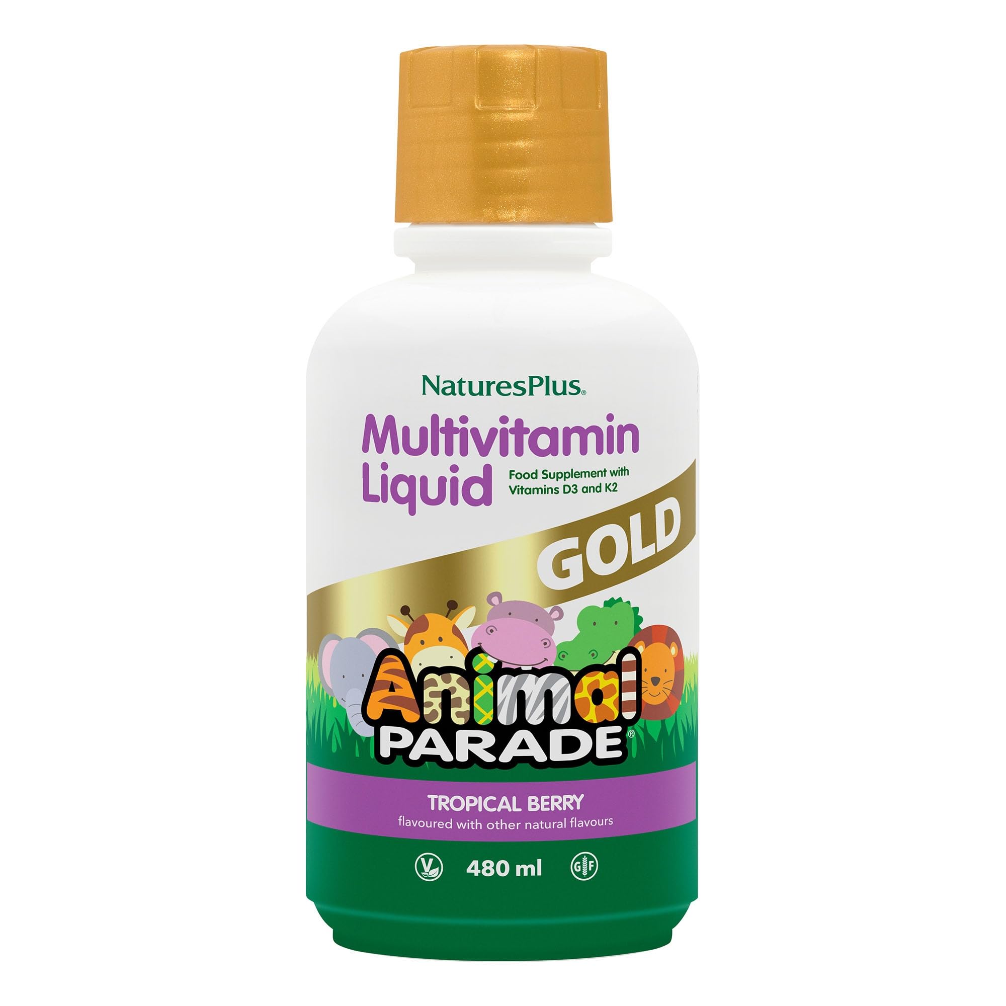 NaturesPlus Animal Parade Gold Liquid Multivitamin - Plant Based Kids' Vitamin and Mineral Complex, Natural Tropical Berry Flavour - Gluten Free, Vegetarian - 480ml