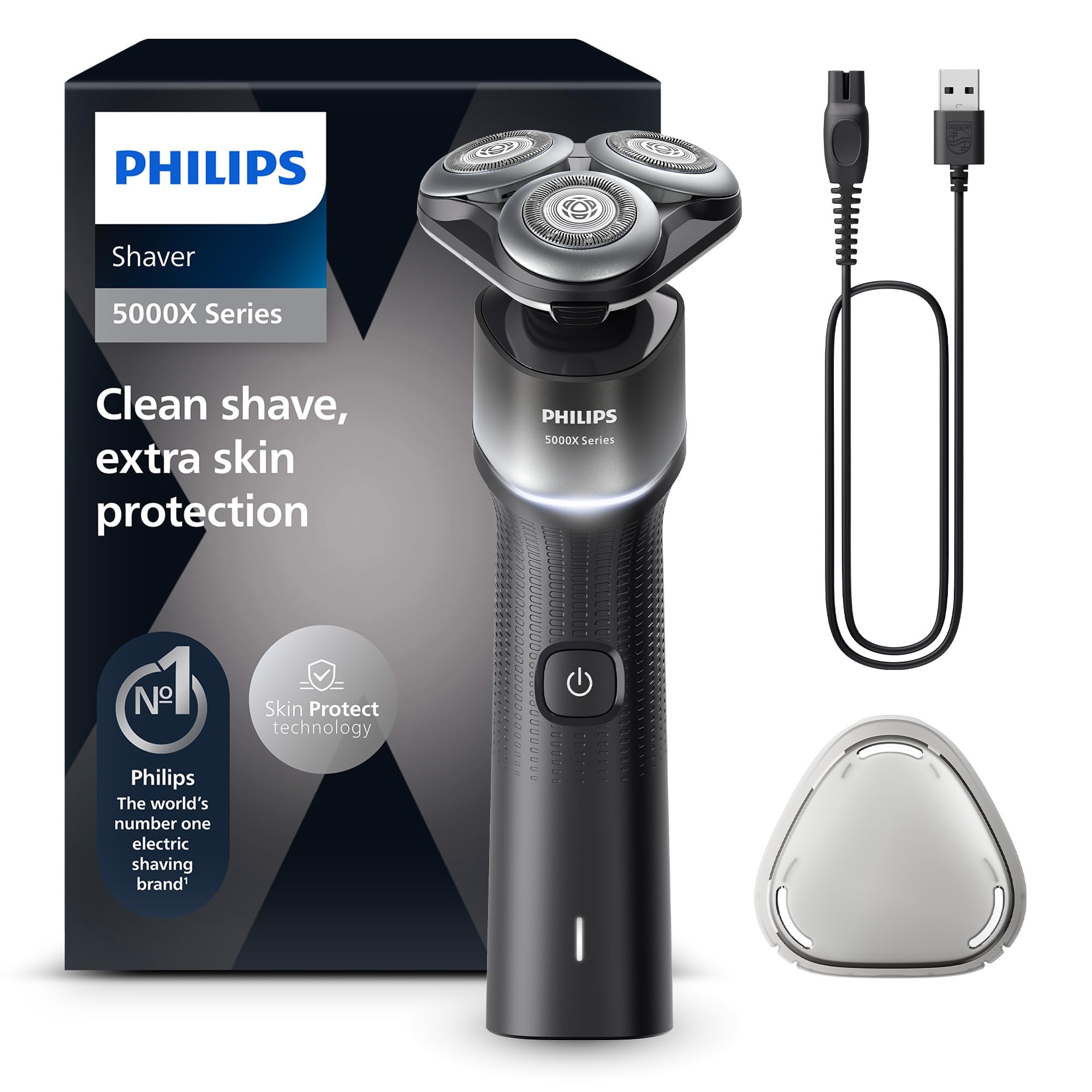 Philips Shaver 5000X Series Rasoio elettrico Wet and Dry con tecnologia Skin Protect, testina flessibile a 360°, 1 ora di ricarica/ricarica rapida di 5 minuti, cappuccio a P, Argento, modello X5004/00