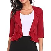 Women's Open Front Cropped Cardigan 3/4 Sleeve Casual Shrugs Jacket Draped Ruffles Bolero Cardigan
