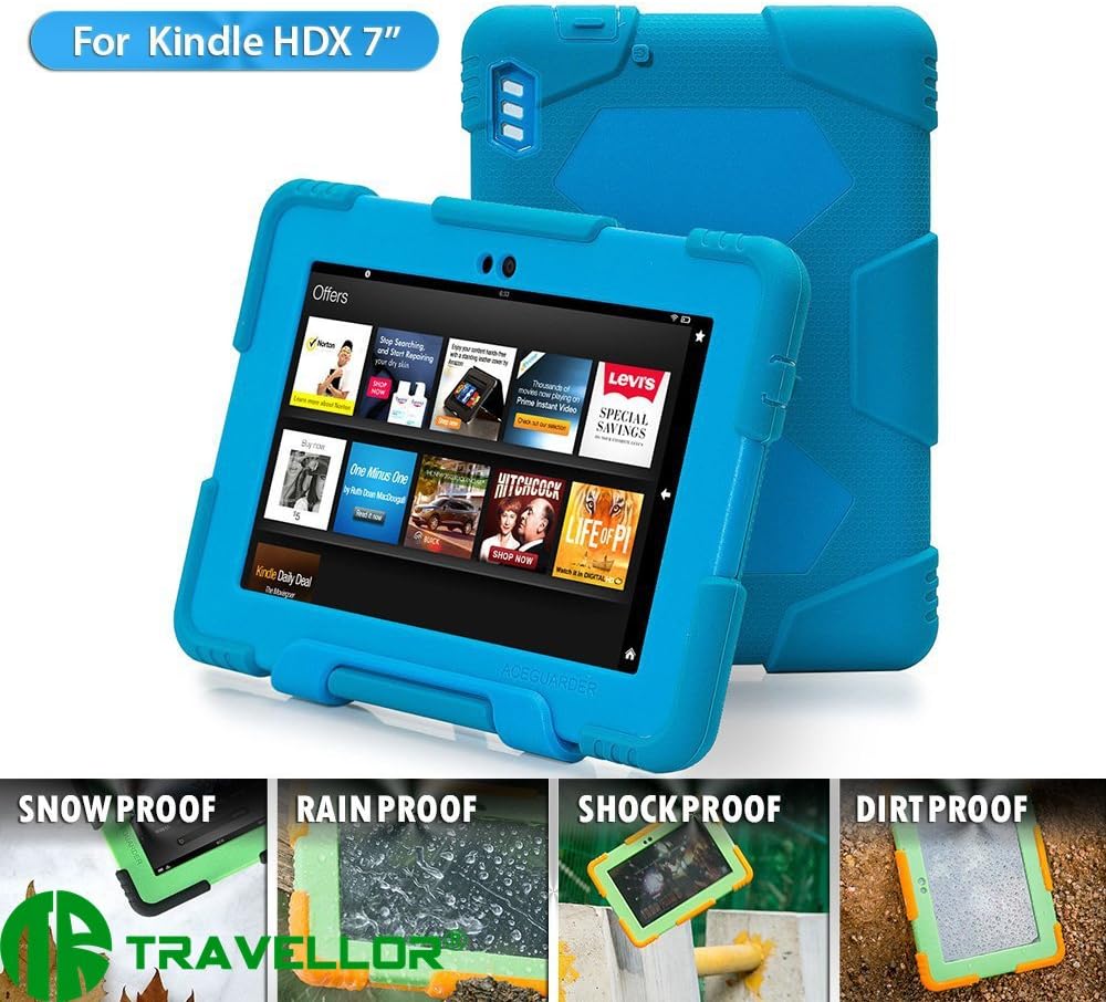 Travellor® Series Kindle Fire HDX 7" Cover Case New Hot Item High Quality Slim Fit Silicone Plastic Dual Protective Back Cover Standing Case Kid Proof Military-duty Case Rainproof Shockproof Dustproof Case for Amazon Kindle Fire Hdx 7 Inch(will Only Fit Kindle Fire hdx 7" 2013) Tablet Laptop-multiple Color Options (blue blue)