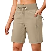 SANTINY Women's 9" Hiking Shorts with 3 Zipper Pockets Lightweight Quick Dry Long Shorts for Women Athletic Travel