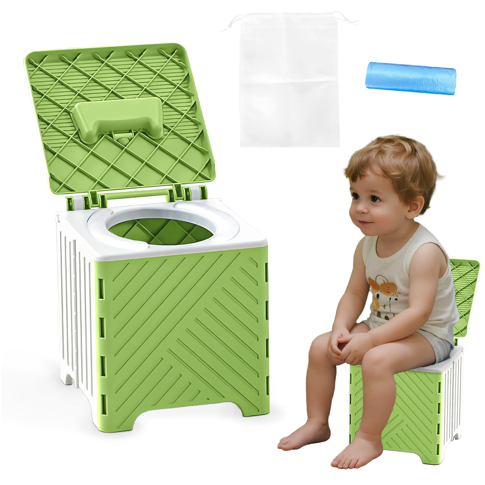 Photo 1 of Portable Potty Seat for Toddler, Kids Travel Potty Foldable Compact Potty Training Toilet Seat with Cleaning Bags for Car, Camping, Travel, Outdoors (Green)