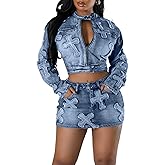 Vssjavun Women 2 Piece Denim Outfit Sexy Long Sleeve Zip Up Jean Jacket Bodycon Mini Skirt Sets