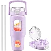 BLUEGO 32oz Glass Water Bottle with Handle and Straw|Leakproof Sports Glass Bottle with Time Marker and Silicone Sleeve|Glass Drinking Bottle for Travel, Gym, Workout, Purple