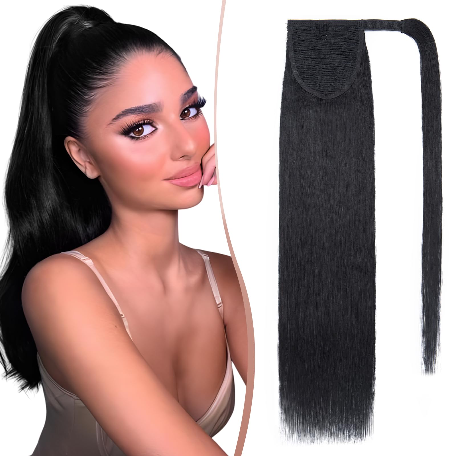 Elailite Ponytail Extension Real Human Hair Straight Natural - Wrap Around Clip in Ponytail Remy Human Hair (#1 Jet Black, 20 Inch)