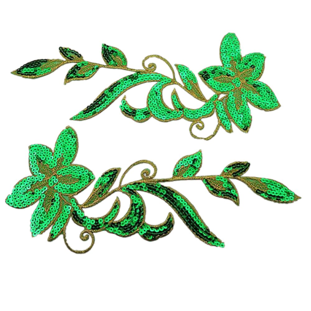 (Pack of 2) Dancing Orchid Flowers Embroidered Iron on Patches Sequin Appliques for Neckline Clothing Garment Embellishment(Green)