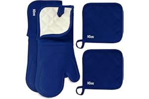 Klex Extra Long Silicone Oven Mitts and Pot Holders, 932°F Degrees Heat Resistance with Quilted Liner Oven Gloves and Hot Pads, 4 Piece Set, 15 inch, Blue
