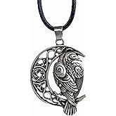 HAQUIL Raven Necklace, Celtic Raven on Crescent Moon Pentagram Pendant, Faux Leather Cord, Celtic Jewelry Gift