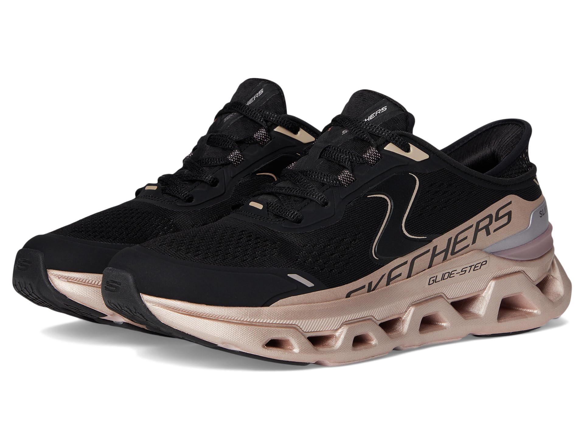 Photo 1 of Skechers Women's Glide-Step Altus-STARLIGHTT Shine Hands Free Slip-INS Sneaker, BKRG=Black/Rose Gold, 11