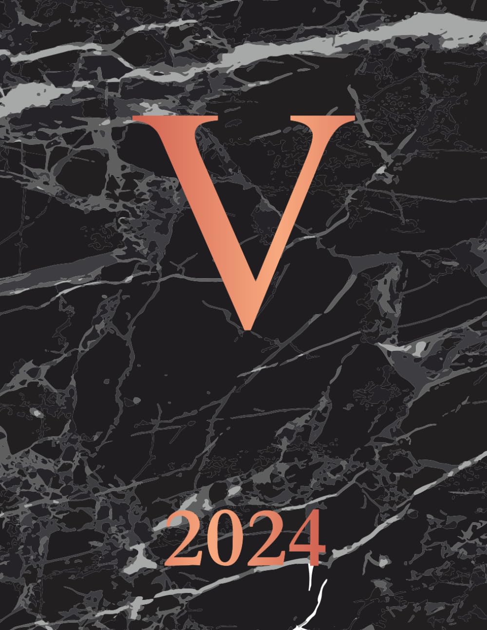 V: 2024. Monogrammed Initial V Weekly Planner Diary For 2024. Black Marble & Rose Gold Cover. Datebook Calendar Schedule
