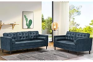 Lesofair Two Pieces Faux Leather Sofa Set with Bolster Pillows,Tufted 3-seat Sofa and Loveseat Couch with Wooden Legs, Upholstered Living Room Set for Living Room, Office, Blue