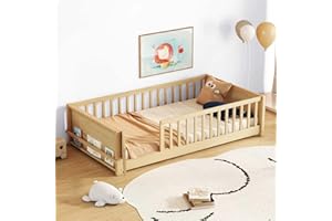 Tatub Twin Floor Bed for Kids with Slats, Solid Wood Montessori Bed with Built-in Book Storage Rack and Door, Nature