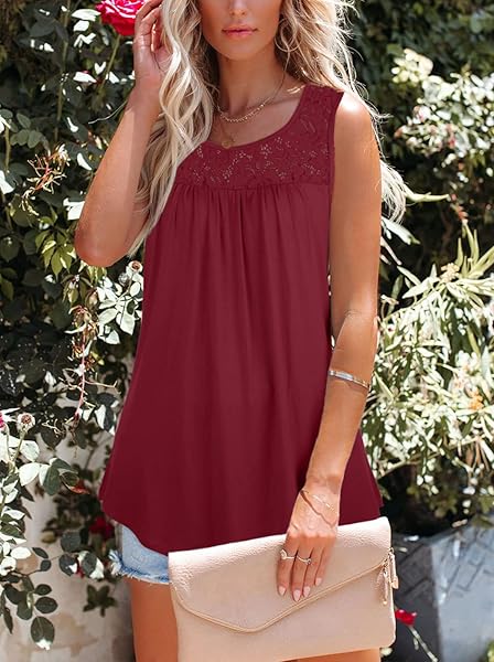 ZROZYL WOMEN’S SUMMER SLEEVELESS LACE PATCHWORK PLEATED CASUAL TANK TOPS WINE RED,S
