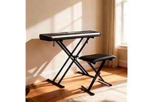 OCKYOOZ Keyboard Stand and Bench Set, 7 Adjustable Heights Piano Keyboard Stand and Bench with Lockable Straps & Non-Slip Pad