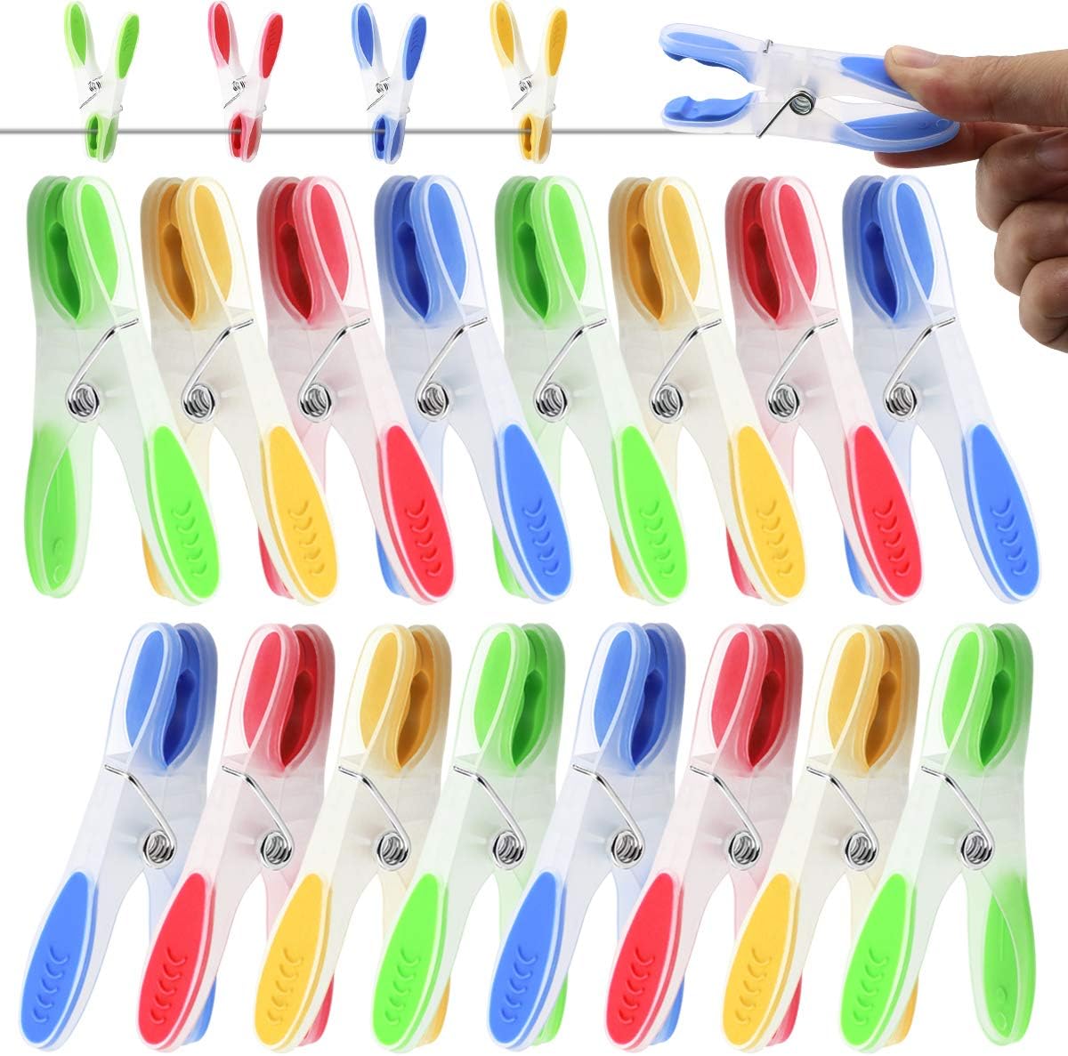Amersumer 36 Pcs Plastic Clothespins Non-Slip, Clothes Pins Pegs Clips Bulk with Soft Rubber Grip, Clips for Line Drying Laundry, Office, DIY Projects and Snack Bags (Red, Yellow, Blue, Green)