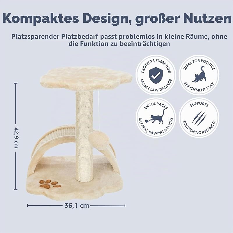 Kratzbaum Vitoria 43 cm in beige/natur – kleiner Katzenbaum für junge & kleine Katzen mit gemütlicher Liegefläche, komfortabel & stabil – 43751