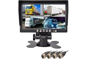 Yasoca 7" TFT LCD Car Rearview Quad Split Monitor,Remote Control, 4 Channels RCA Video Inputs(4-PIN Shockproof Connector) - 12V-24V 800×480HD Screen w/Sunshade Anti-Glare