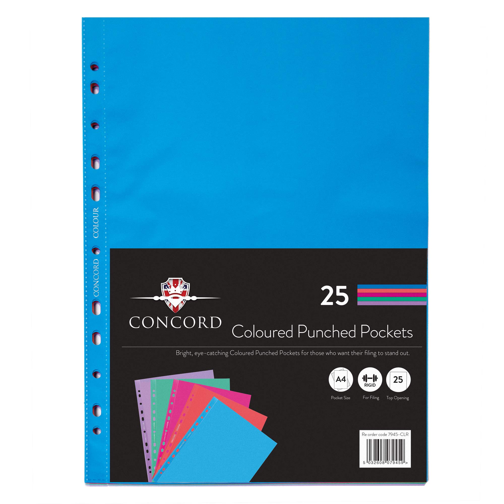 Pukka Pad, Concord A4 Coloured Punched Pockets – 1 Pack of 25 – Features 11 - Hole Europunch Compatibility - 5 Assorted Colours