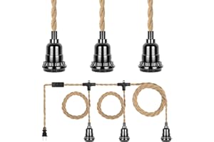 HURYEE Plug in Hanging Light Fixture, 20FT 3 Bulbs Pendant Lamp Lights Cord with Switch Cord E26 Bulbs Socket, Industrial DIY Twisted Hemp Rope Overhead Lamps for Farmhouse Bedroom Home Lighting Decors