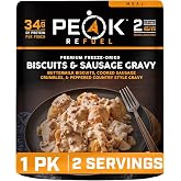 Peak Refuel Biscuits and Sausage Gravy Freeze-Dried Breakfast, 34g Protein | 34g protein, Real meat, Biscuits and sausage gravy, Freeze-dried meal, Just add water, Ready in 10 minutes, 2-serving pouch