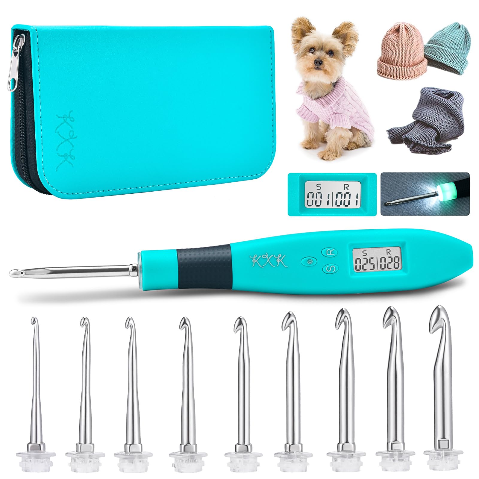 KXK Counting Crochet Hook Set, Digital Stitch Counter & LED Lighted, 9 Interchangeable Aluminium Hooks (2.5 mm - 6.5 mm), Ergonomic Design for Right-Hand Users, Turquoise